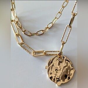 A New Day Chain Link Textured Circle medallion Goldtone 16” w/ 2” extender NWT